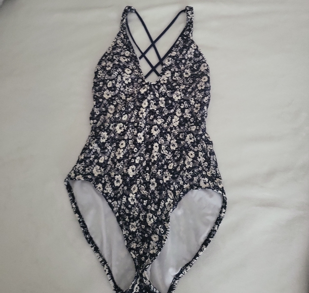 Ralph Lauren Blue Navy & White Floral Knit Lace Swimsuit
